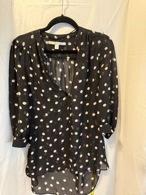 LC Lauren Conrad Black White Polka Dot Sheer Button Front Blouse Small Career